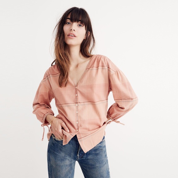 Madewell Tops - Madewell Cotton Peach Plaid Tie Sleeve Blouse